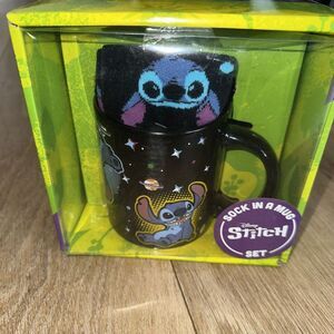 Boxed Gift Set Disney Stitch Socks In A Mug 18 oz & Black‎ Stitch Crew Socks NEW